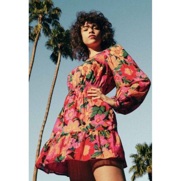 Billabong Heaven Sent Floral Open Back Mini Dress Long Blouson Sleeve Size M - Picture 2 of 12